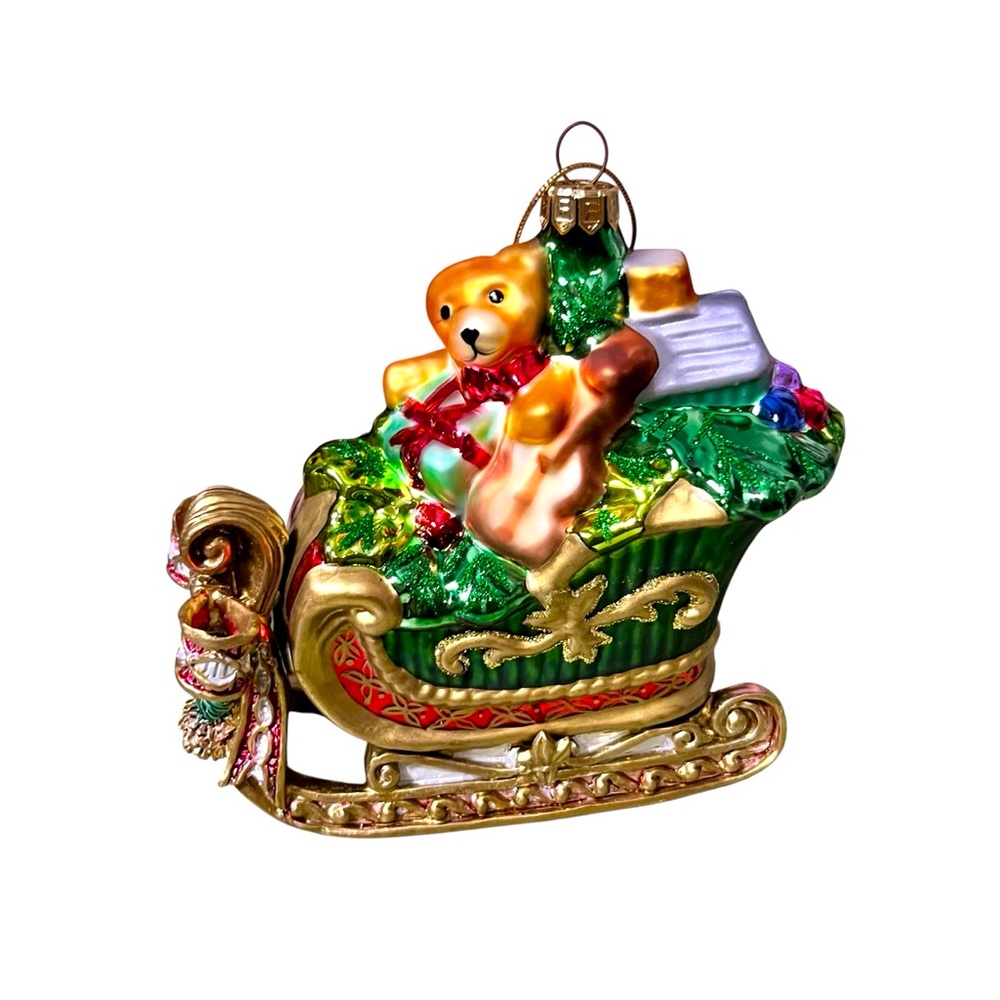 Fitz and Floyd Florentine Christmas Sleigh With Toy Bag Glass Ornament New
